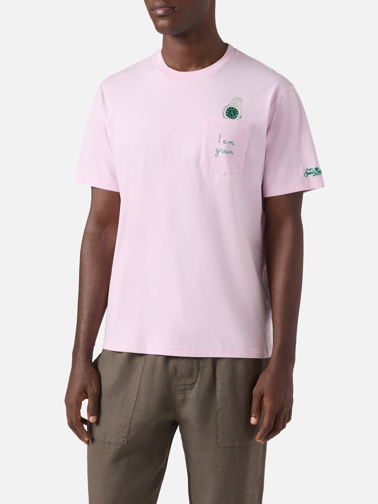 T-shirt Austin rose avec broderie montre et I Am Green 