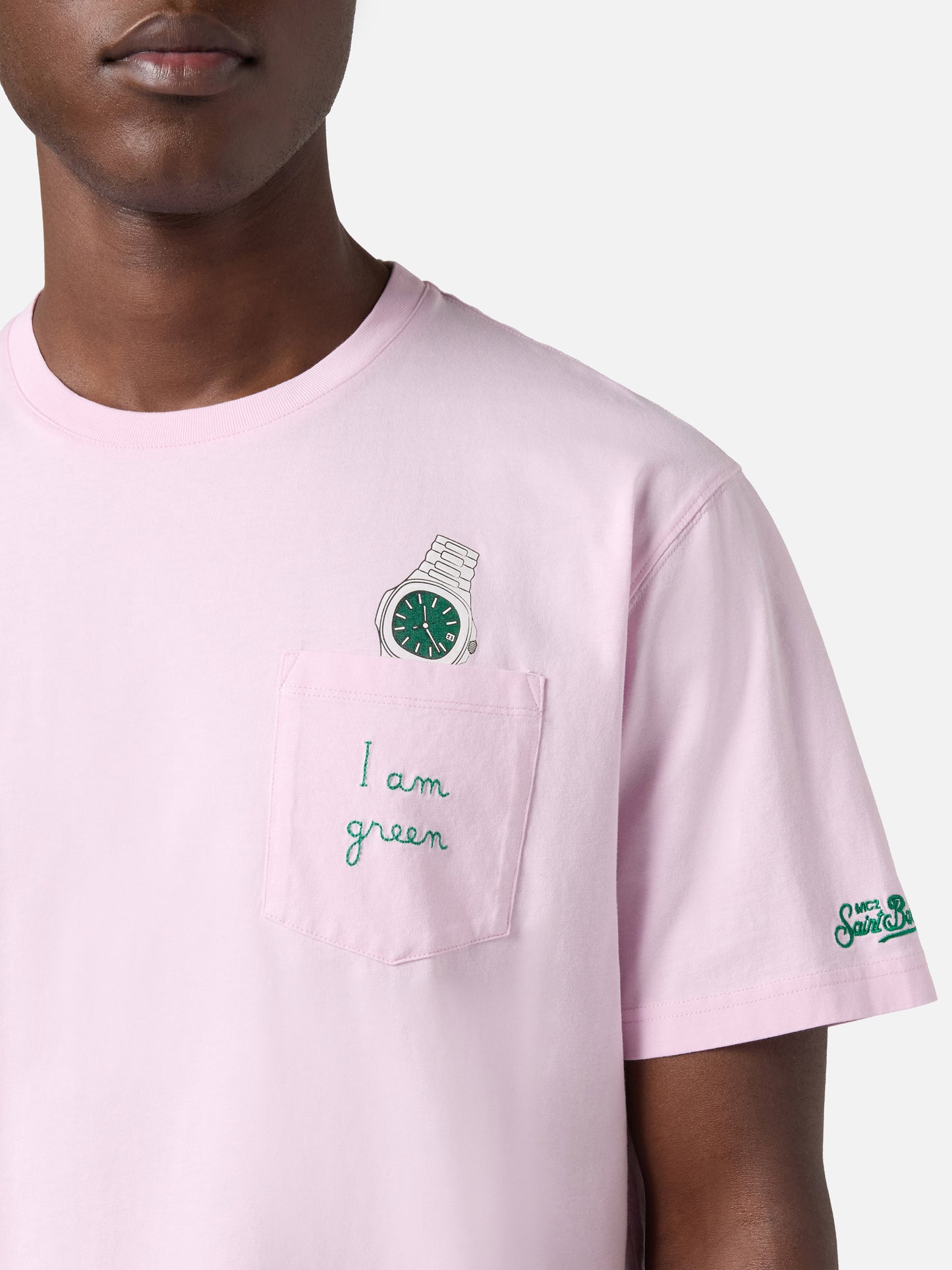T-shirt Austin rose avec broderie montre et I Am Green 