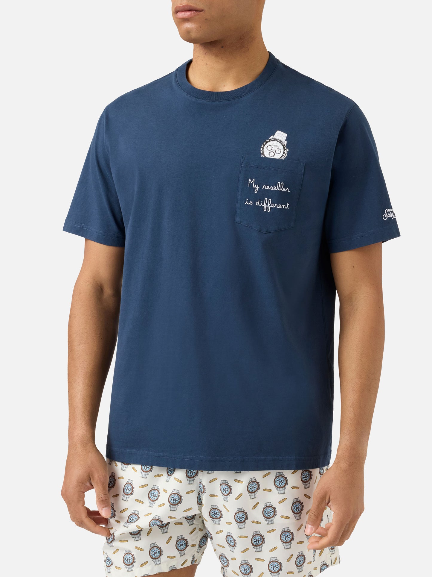 T-shirt Austin bleu avec broderie montre et « My Reseller Is Different » 