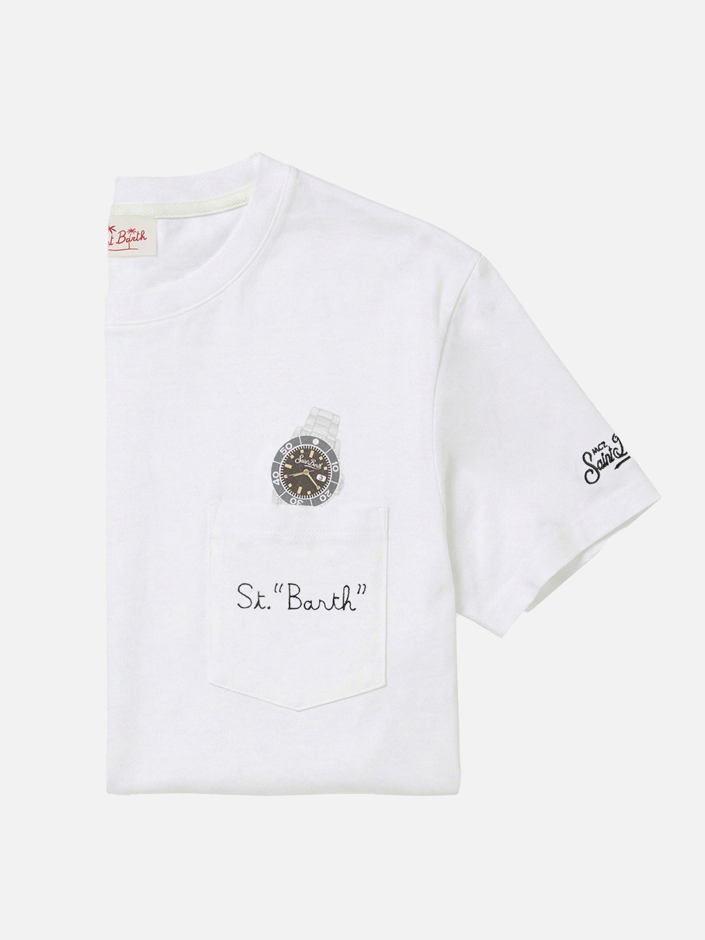 Weißes Austin T-Shirt mit Uhr und St. Bart Stickerei 