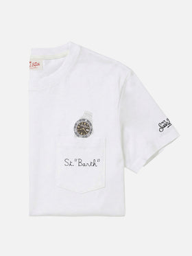 Weißes Austin T-Shirt mit Uhr und St. Bart Stickerei 