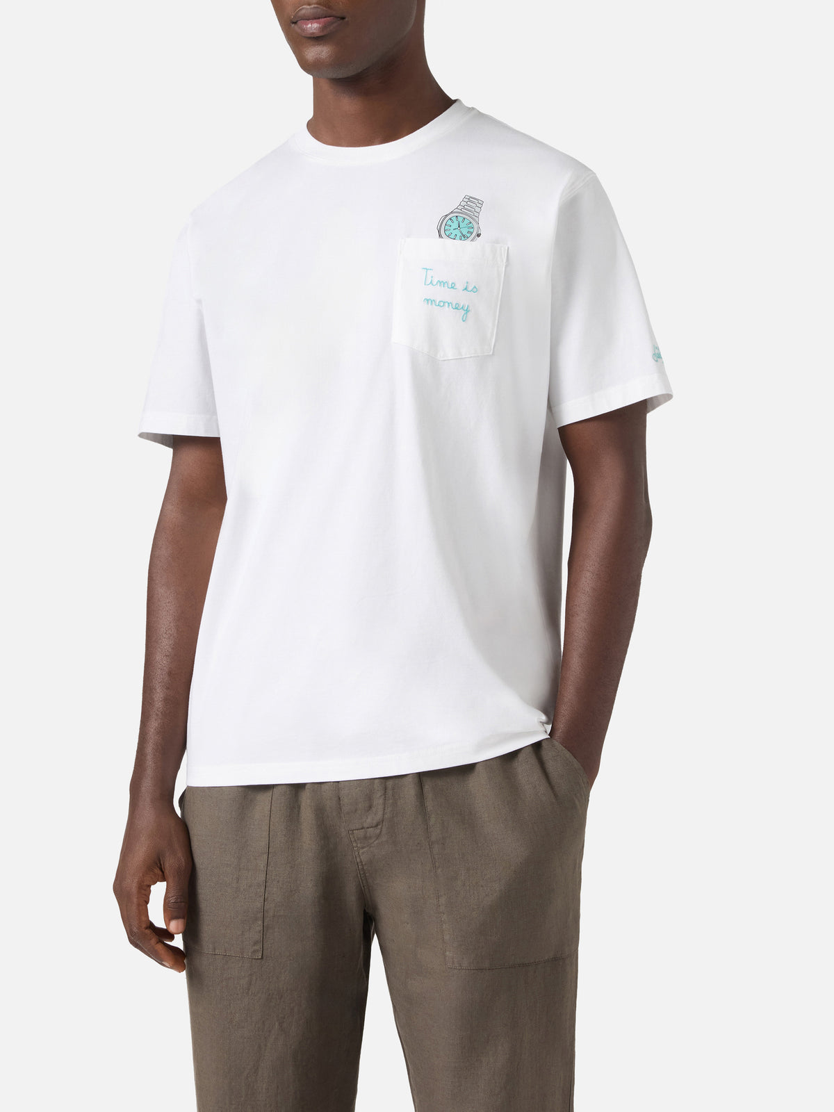 Camiseta Austin blanca con reloj y bordado Time Is Money 