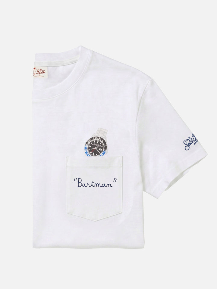 White Austin t-shirt with watch and Bartman embroidery