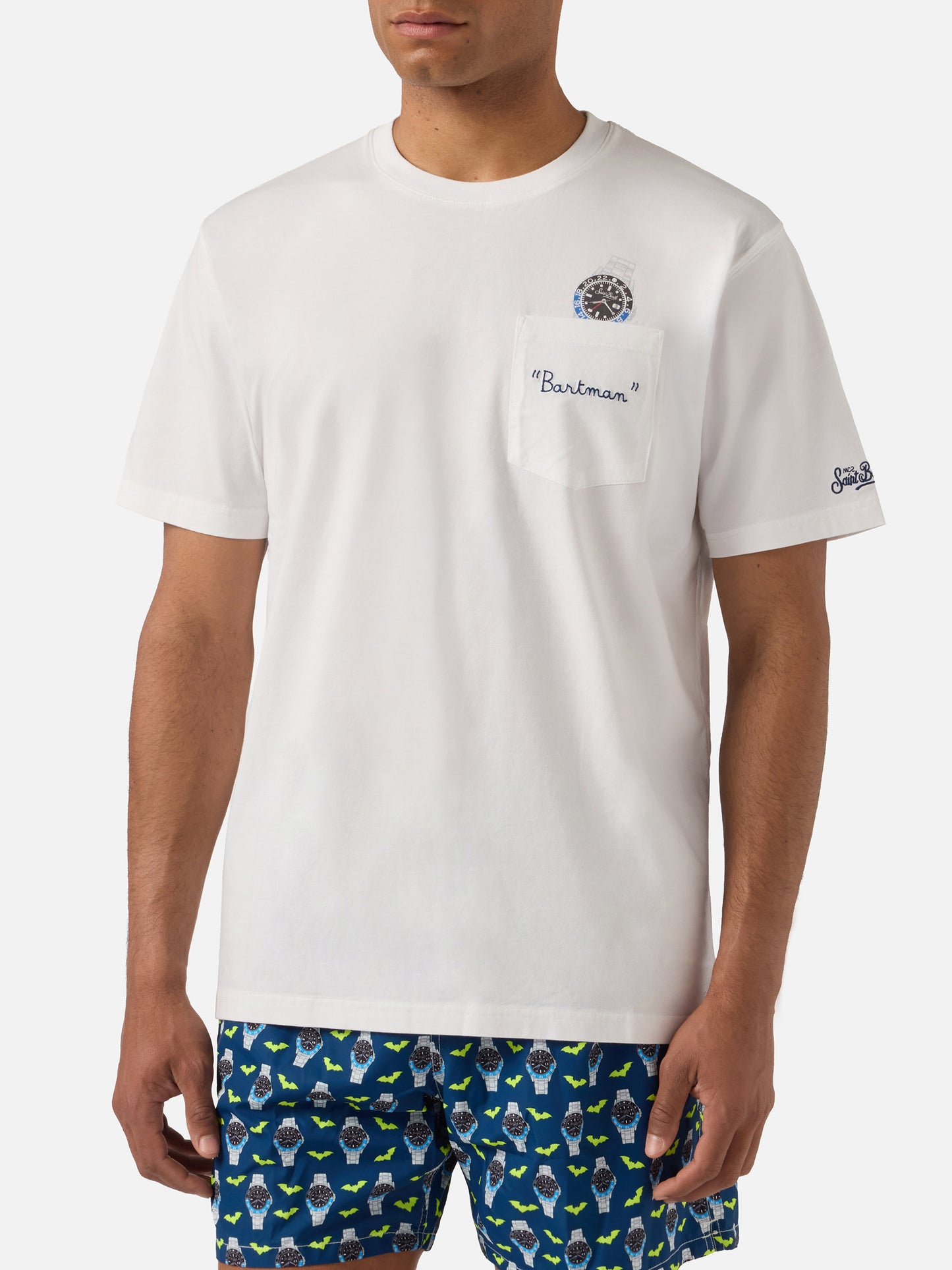 White Austin t-shirt with watch and Bartman embroidery