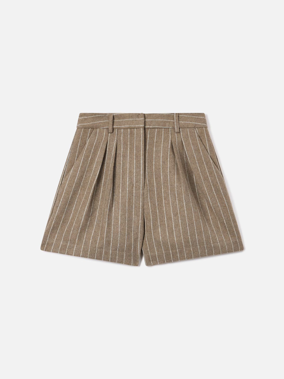 Beige Aya wool blend flannel shorts with pinstripes