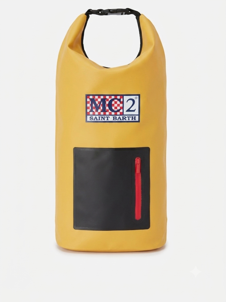 Rucksack Aqua aus einfarbigem gelbem PVC mit gedrucktem Logo 