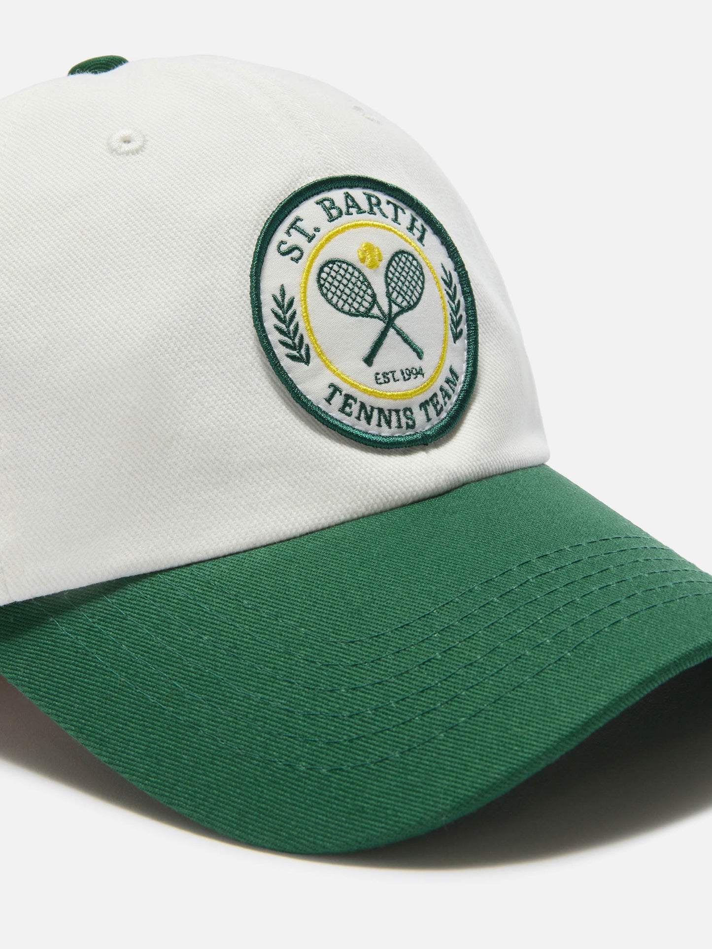 Gorra de béisbol con visera en algodón blanco y verde con parche Tennis Team 
