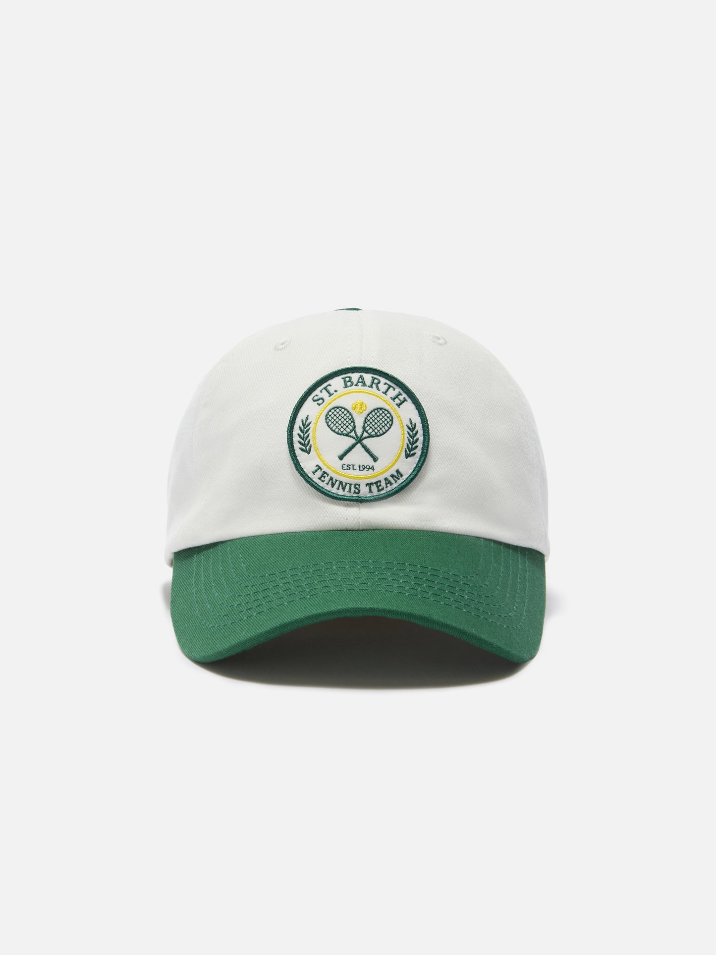 Gorra de béisbol con visera en algodón blanco y verde con parche Tennis Team 