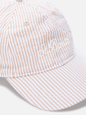 Baseball cap with visor in cotton seersucker with beige and white stripes