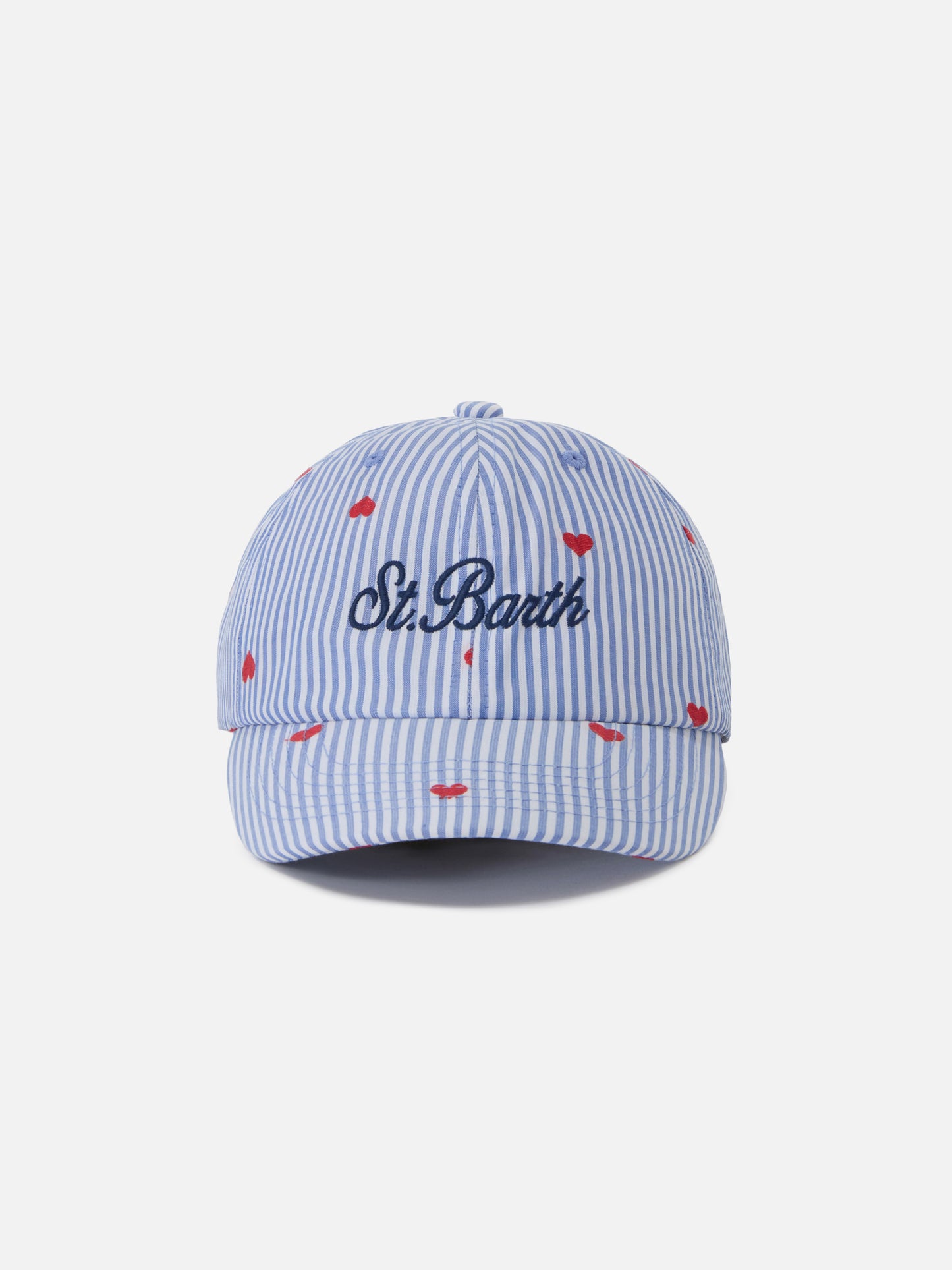 Gorra de béisbol con visera en algodón azul y blanco a rayas con bordado de corazón 