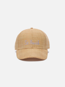 Cappellino da baseball in raffia beige con ricamo St. Barth