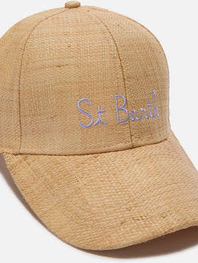 Cappellino da baseball in raffia beige con ricamo St. Barth