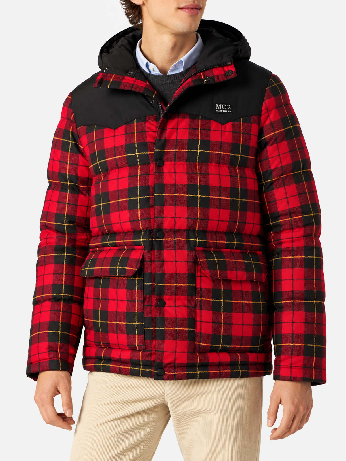 Red Baxter Tex hooded down jacket with tartan print