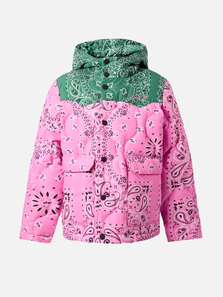 Hooded down padded jacket Baxter Jr with bandana print