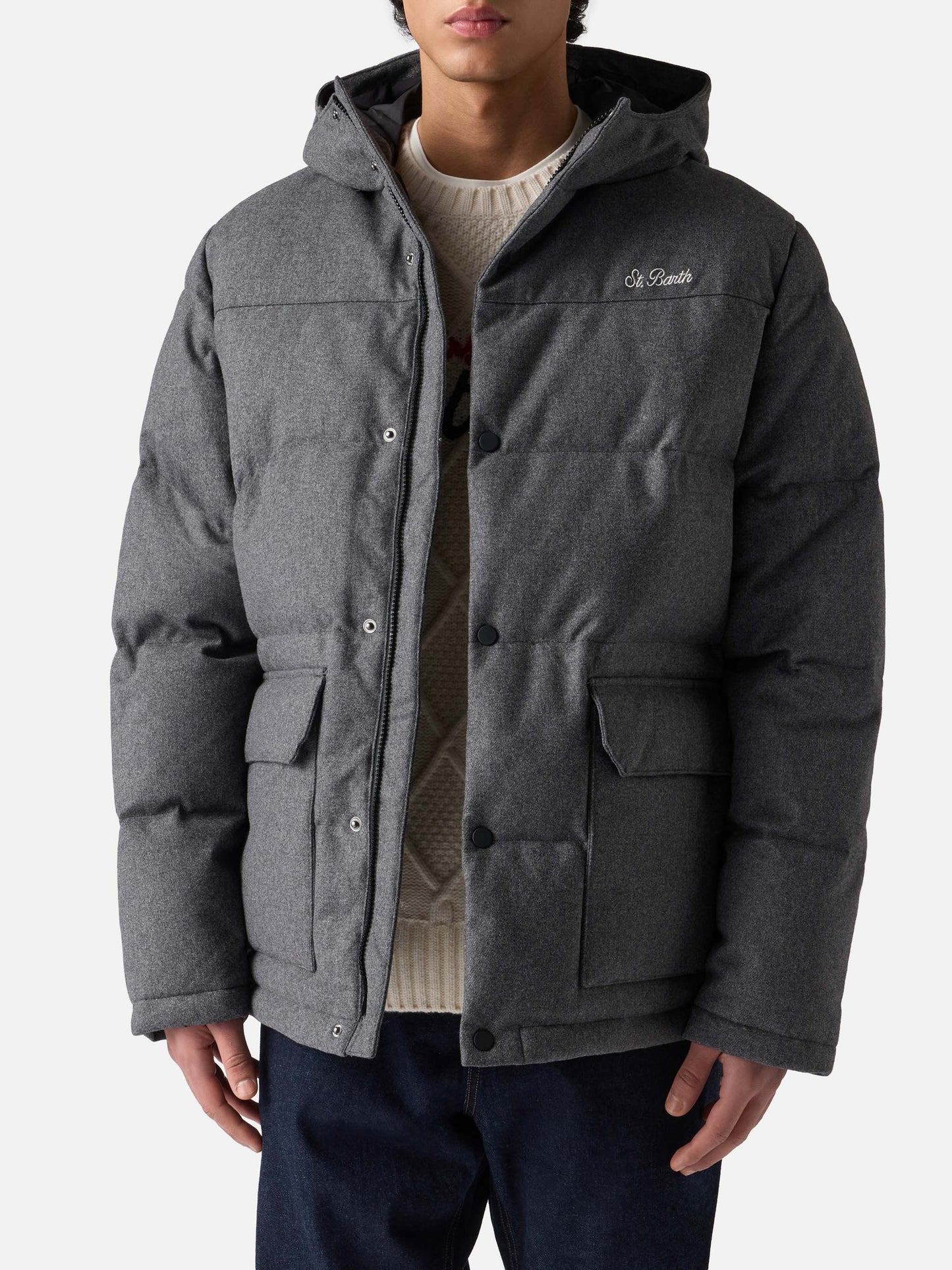 Graue Woll-Daunenjacke mit Kapuze Baxter