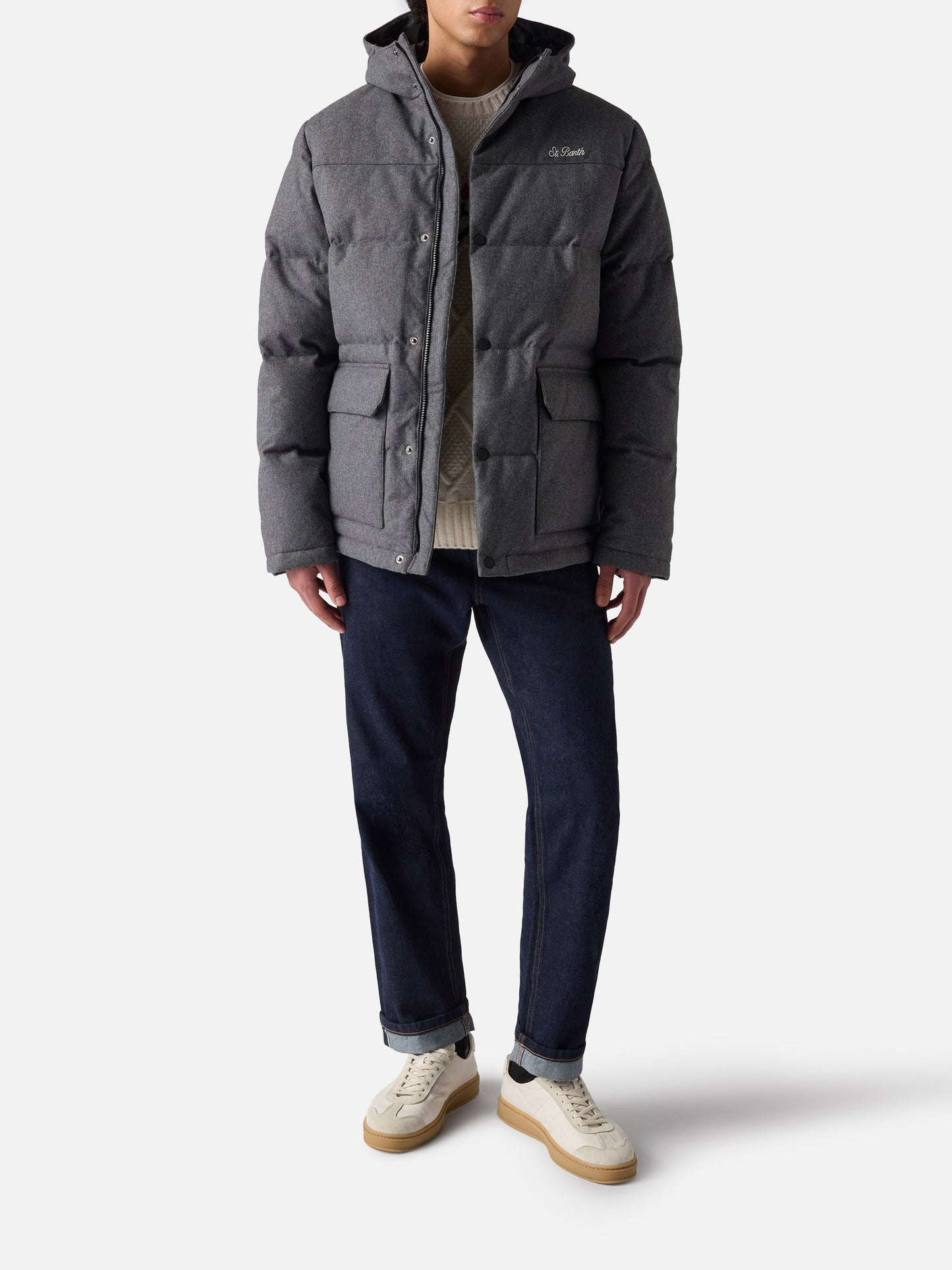 Graue Woll-Daunenjacke mit Kapuze Baxter