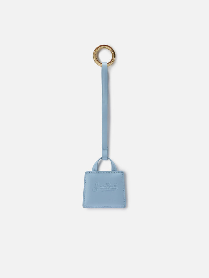 Light blue smooth leather bag charm with embossed logo