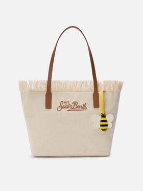 Bee-shaped smooth leather bag charm with logo tag