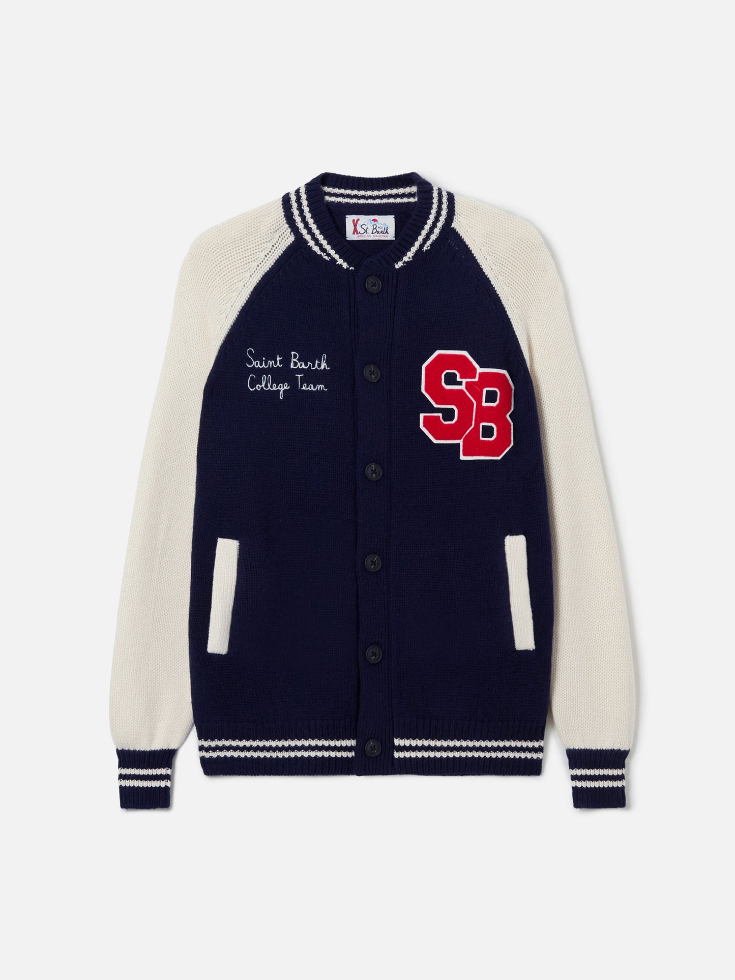 Marineblaue Strickbomberjacke im College-Stil von Benjamin