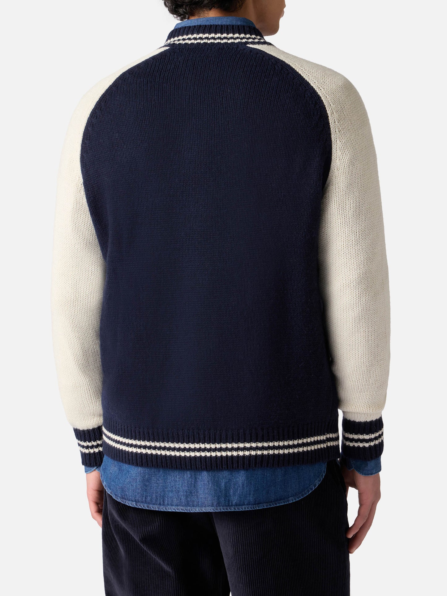 Marineblaue Strickbomberjacke im College-Stil von Benjamin