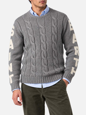 Grey melange Bergen cable knit sweater with logo jacquard