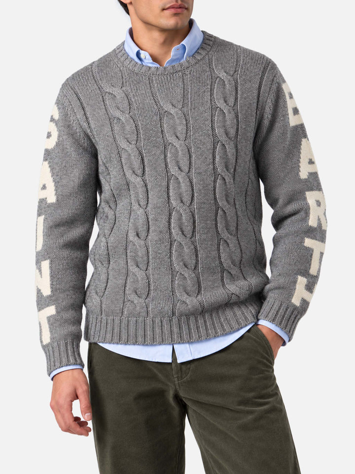 Bergen schwerer Zopfmuster-Pullover in Grau meliert 