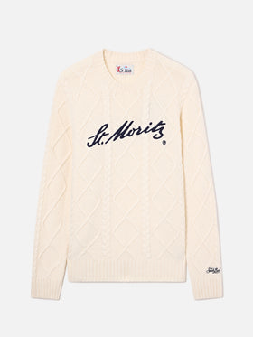 Maglia girocollo Bergen panna a trecce con ricamo St. Moritz | Special edition