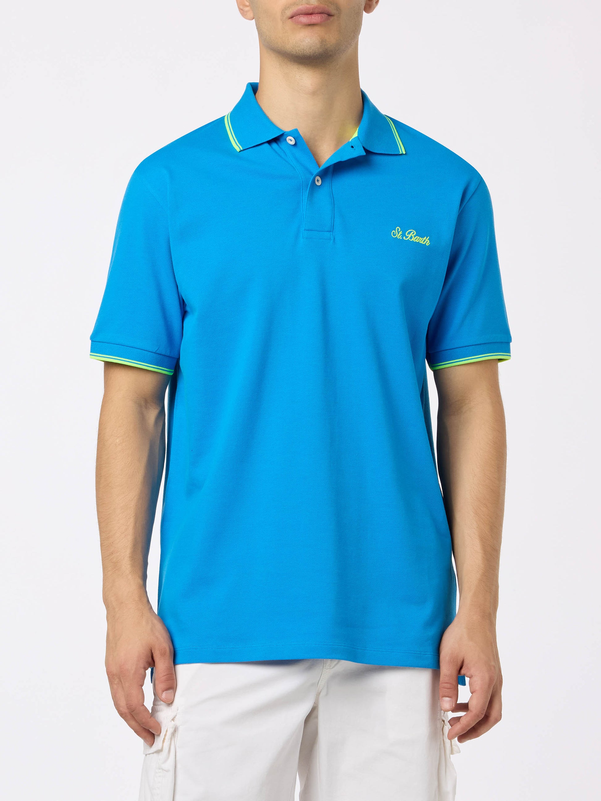 Man bluette cotton piquet polo shirt Beverly Hills with palm embroidery - MC2 Saint Barth