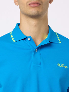 Man bluette cotton piquet polo shirt Beverly Hills with palm embroidery - MC2 Saint Barth