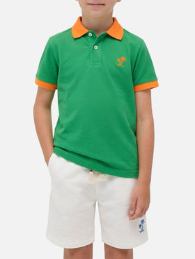 Polo da bambino in piquet verde con logo St. Barth arancione