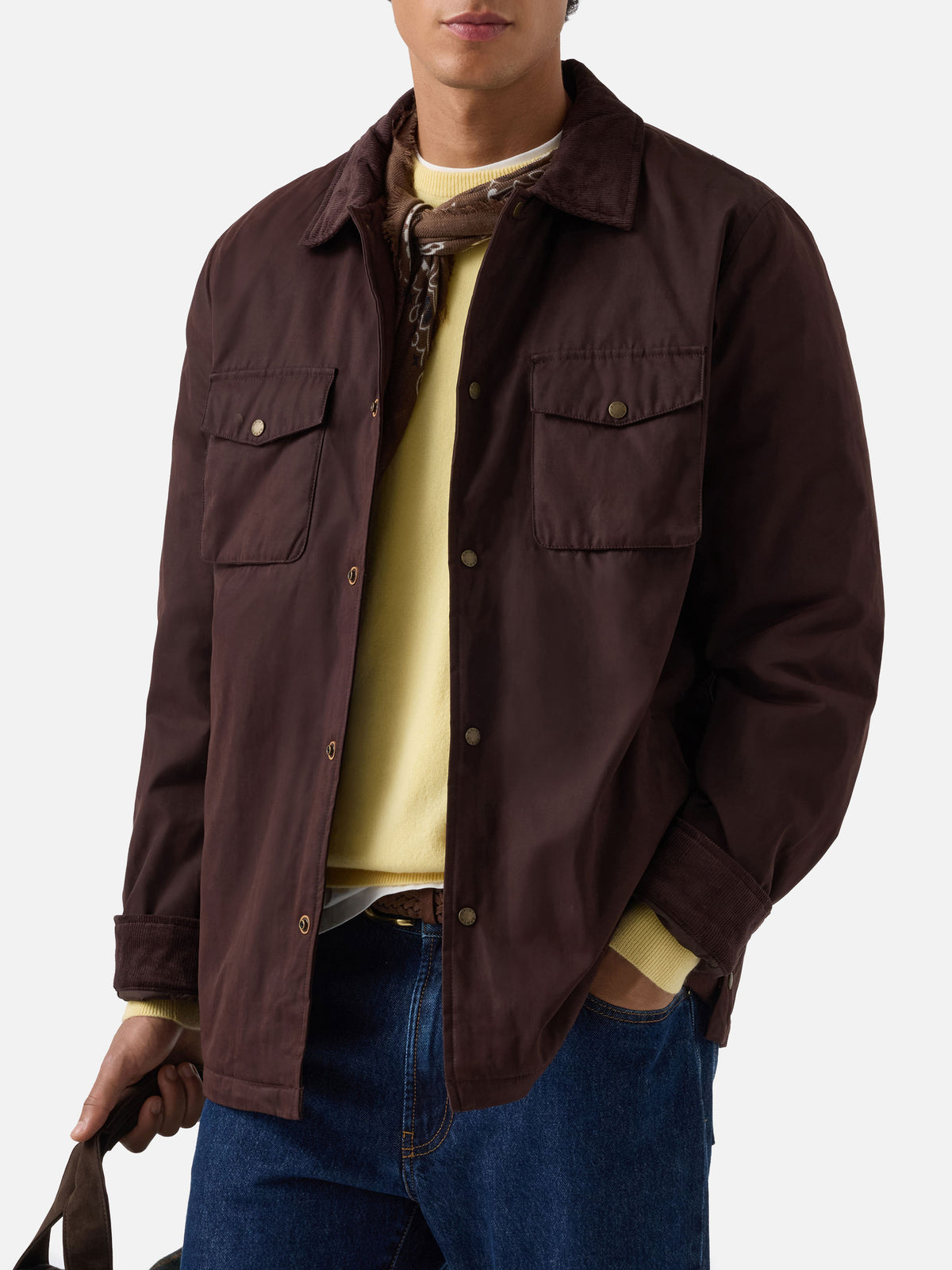 Overshirt Bexley marrone cerata con collo in velluto a costine