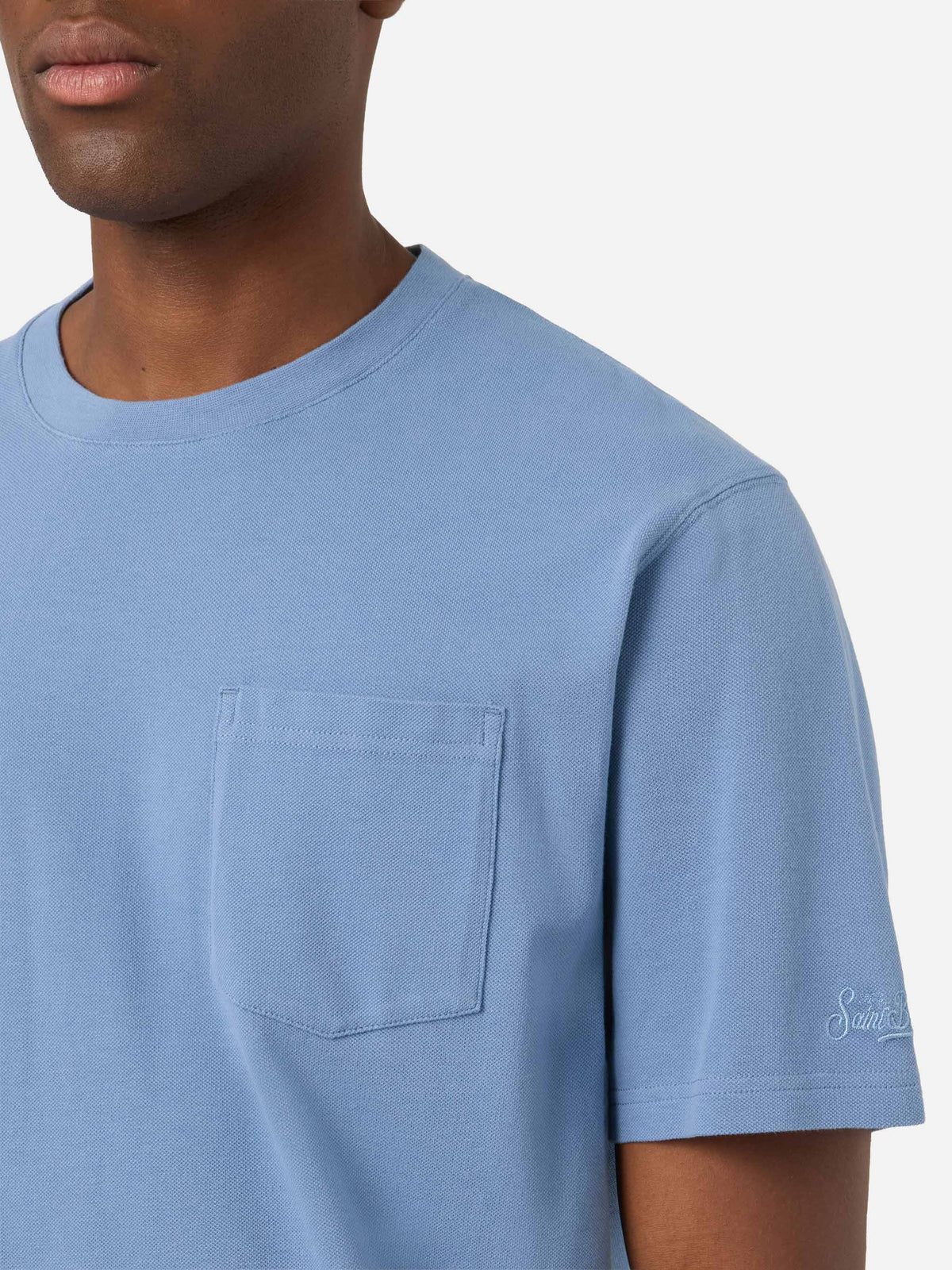 T-shirt Dusty blue en piqué de coton Bakewell avec poche et logo brodé 