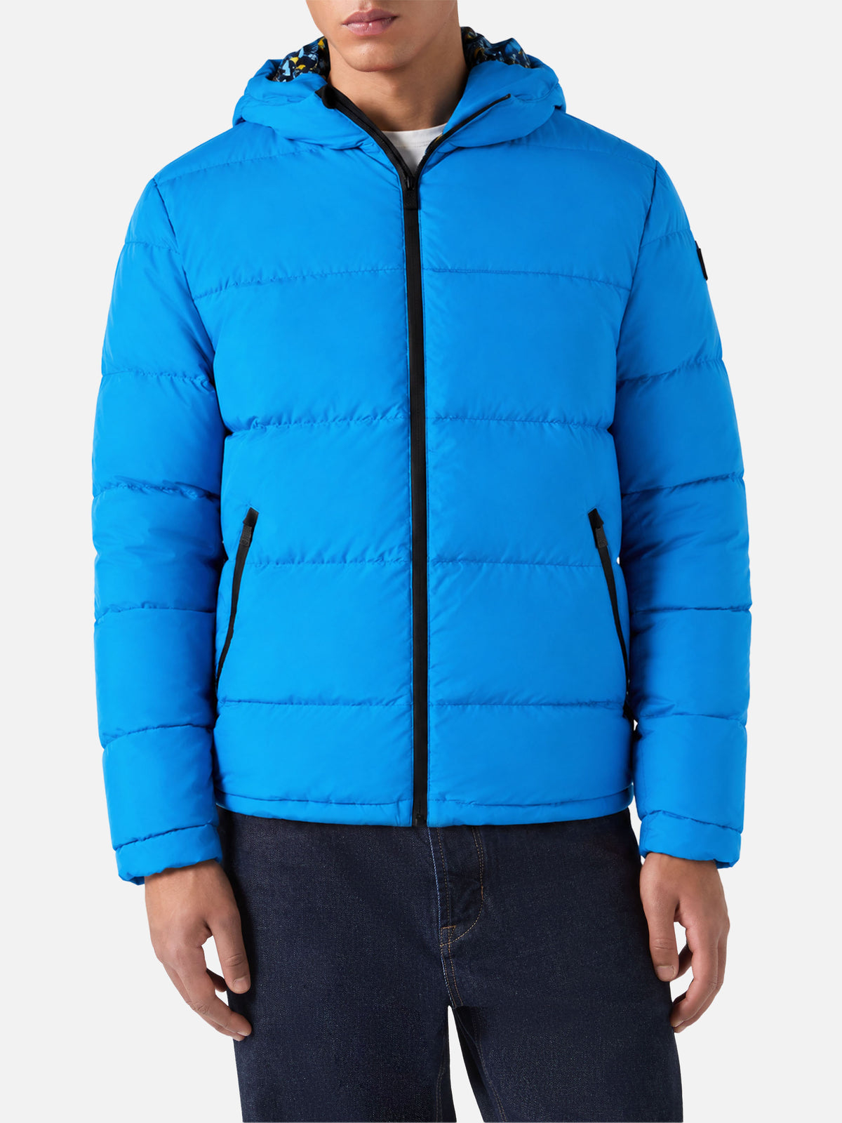 Gepolsterte Daunenjacke mit Kapuze in Bluette mit ducky print-Futter 