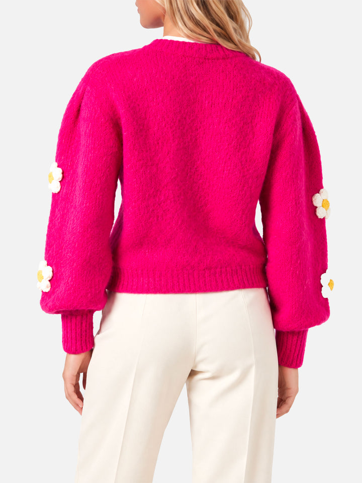 Suéter cepillado fucsia Bloom con flores de crochet 