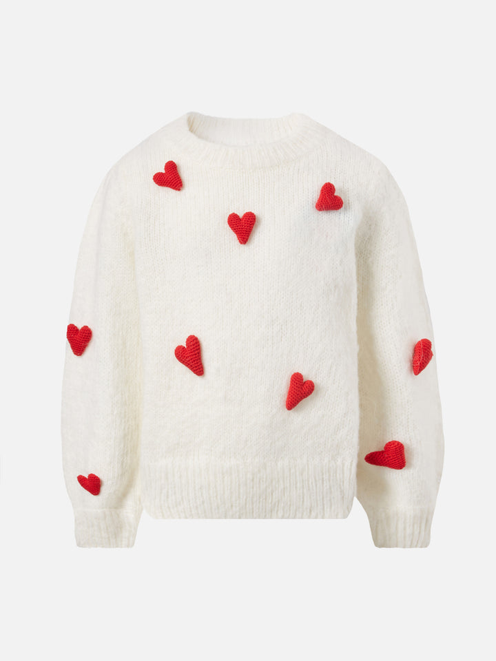Gebürsteter Pullover Bloom Soft mit gehäkelten Herzapplikationen
