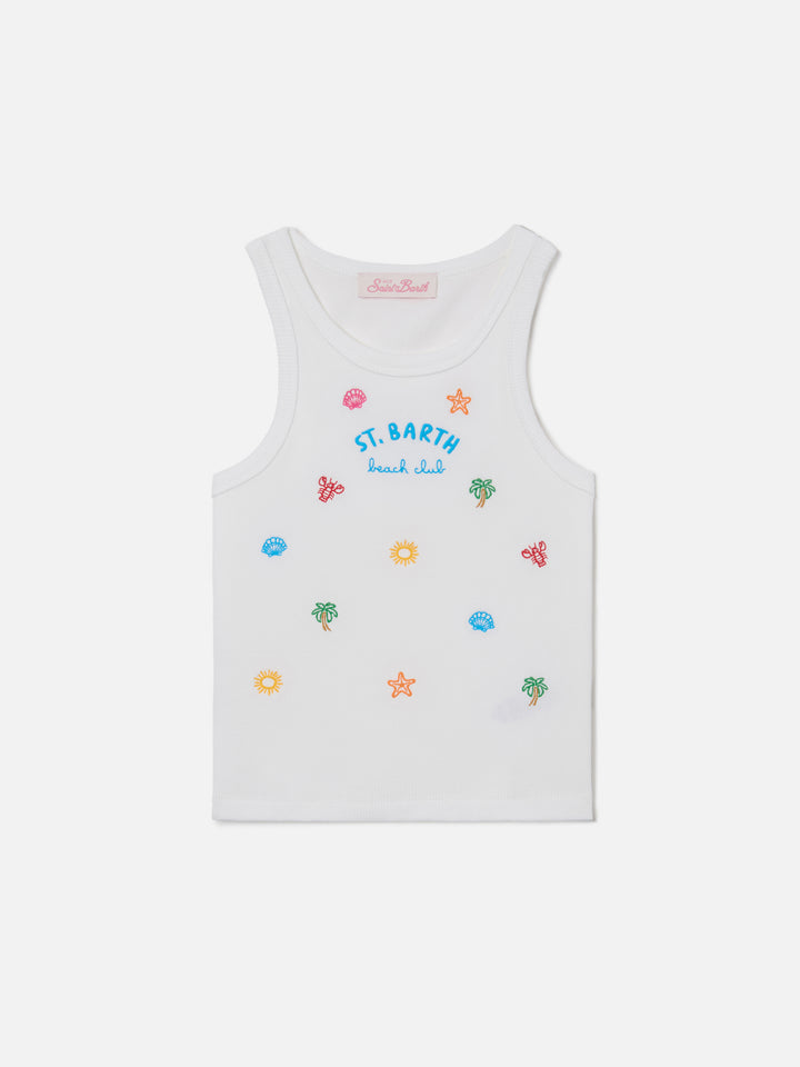 Camiseta de tirantes Blue Jr en algodón elástico blanco con bordado multicolor 