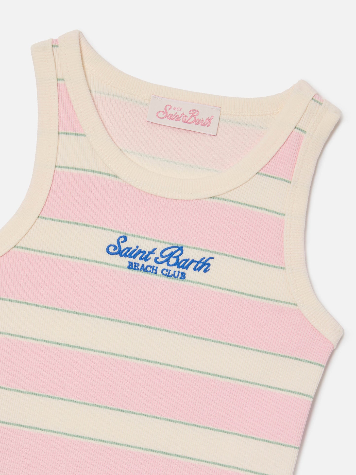 Débardeur Blue Jr à rayures roses, blanches et vertes avec logo brodé 
