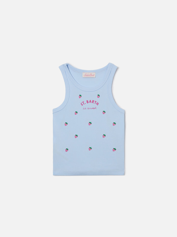 Top Blue Jr azzurro con ricami St. Barth is sweet e fragole