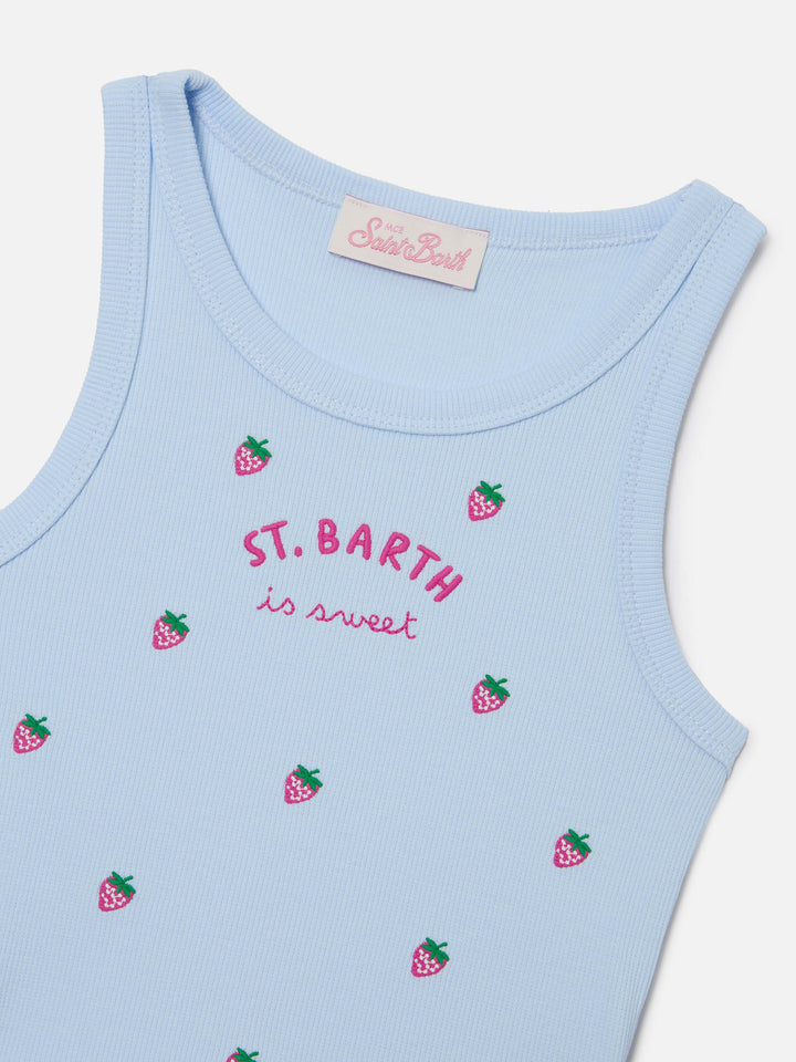 Top Blue Jr azzurro con ricami St. Barth is sweet e fragole