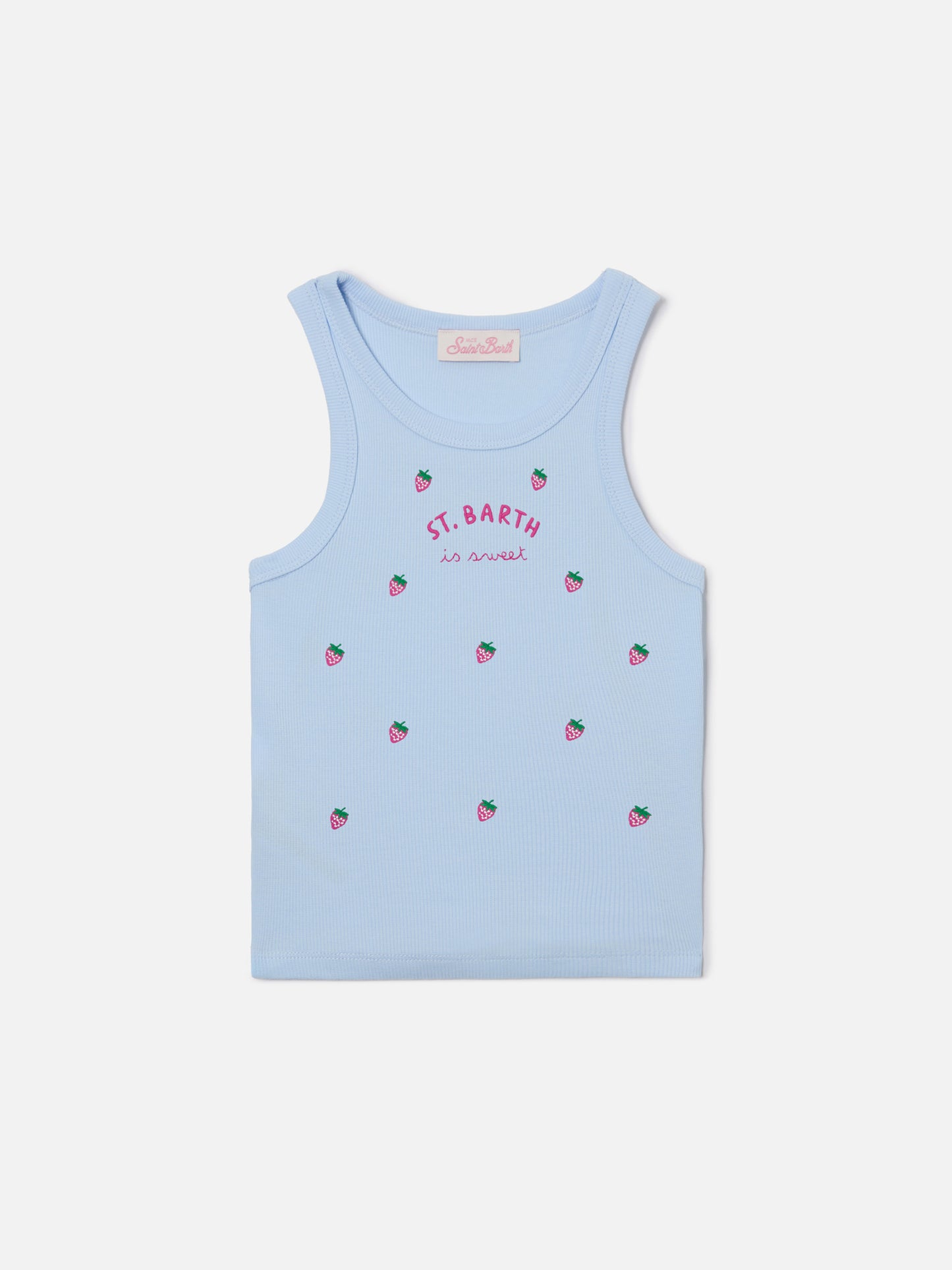Camiseta de tirantes Blue Jr en azul claro con bordado St. Barth is sweet y fresas 