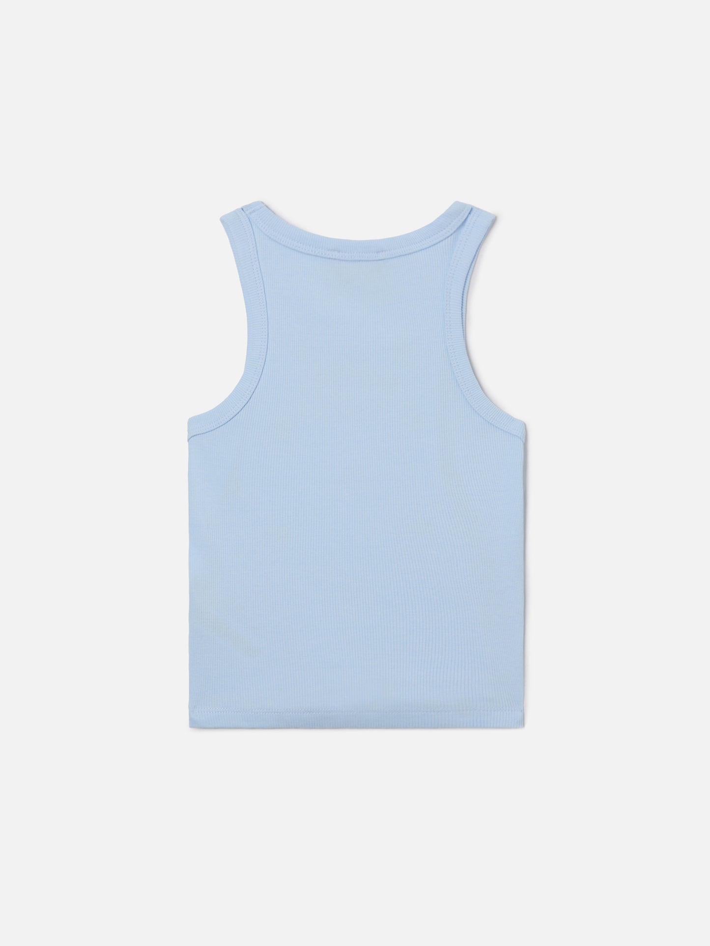 Camiseta de tirantes Blue Jr en azul claro con bordado St. Barth is sweet y fresas 