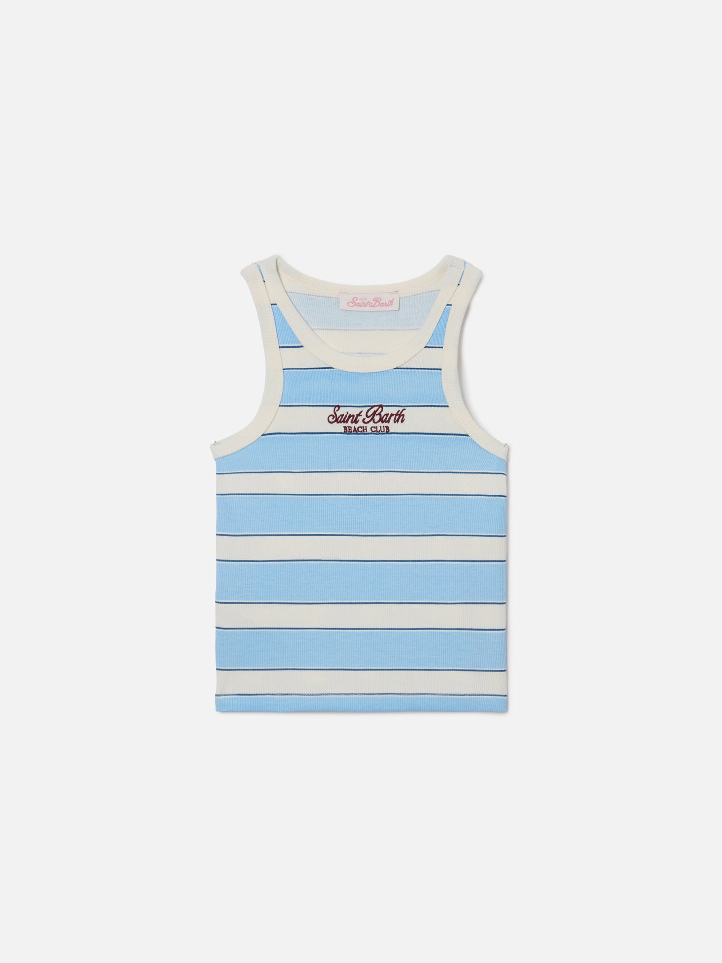 Camiseta de tirantes Blue Jr con rayas azul claro y color crema y logotipo bordado 