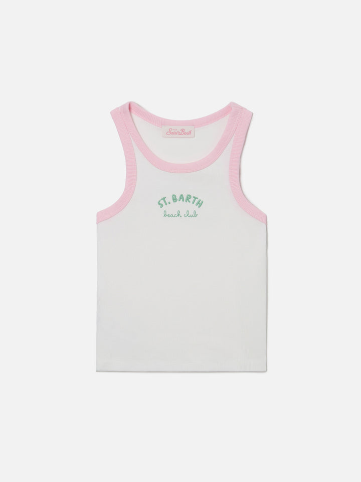 Débardeur Blue Jr blanc avec logo brodé et finitions roses 