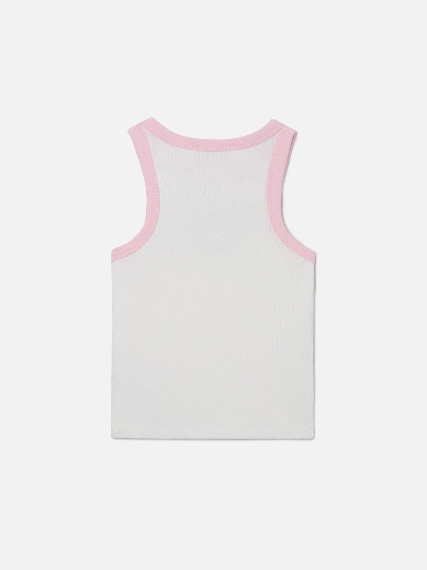 Camiseta de tirantes Blue Jr en blanco con logo bordado y ribetes rosas 