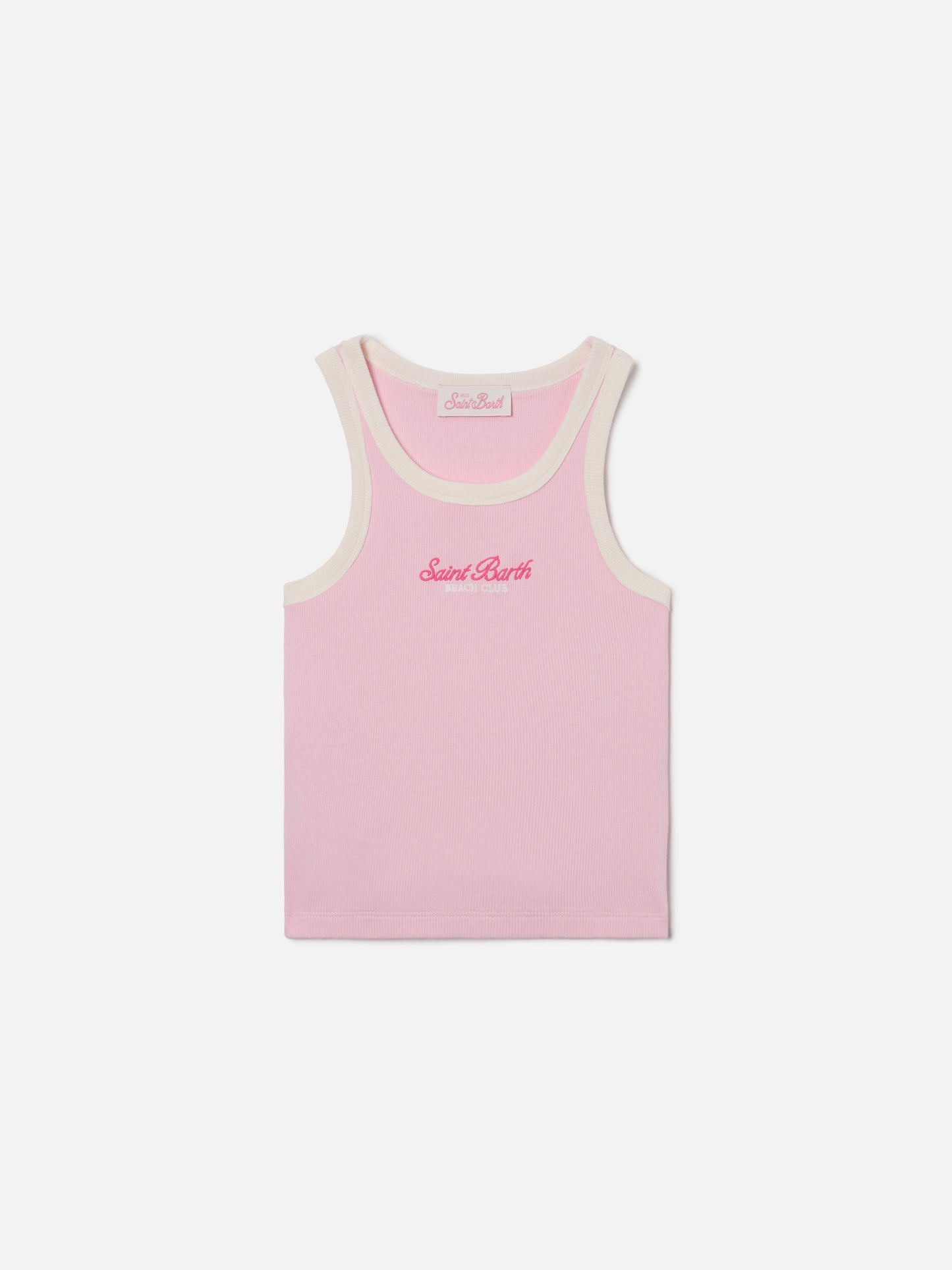 Camiseta de tirantes Blue Jr en rosa con logo bordado y ribetes color crema 