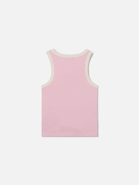 Camiseta de tirantes Blue Jr en rosa con logo bordado y ribetes color crema 