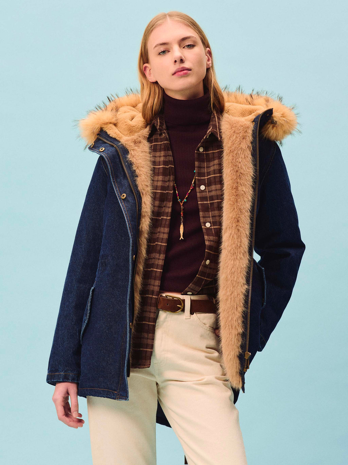 Blue Brenna cotton denim parka with faux fur hood