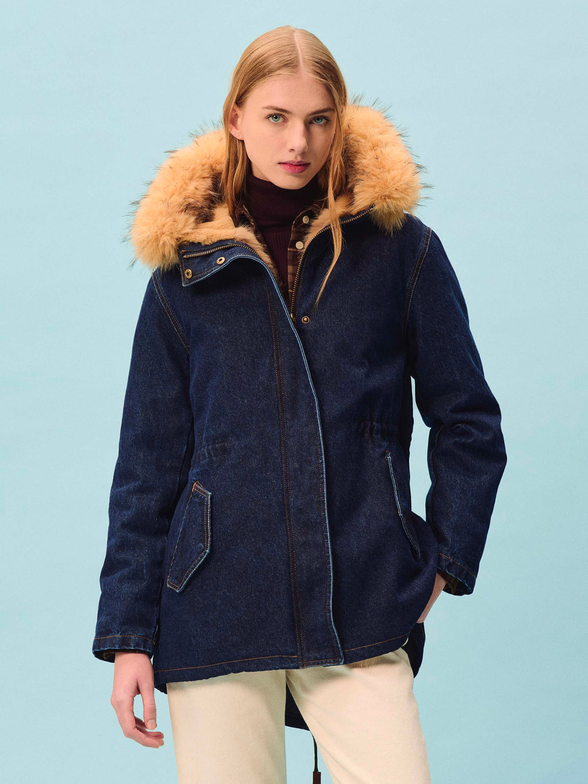 Blue Brenna cotton denim parka with faux fur hood