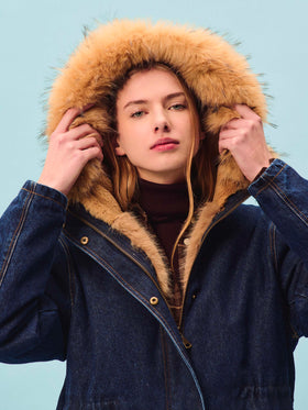 Blue Brenna cotton denim parka with faux fur hood