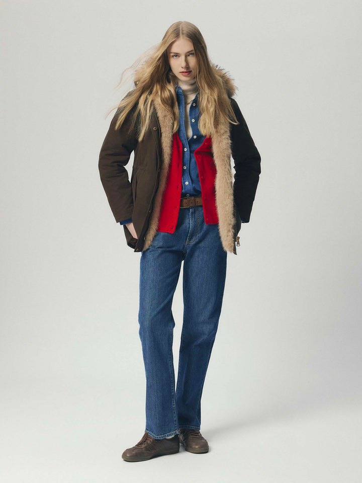 Military green Brenna cotton blend waxed parka with faux fur hood